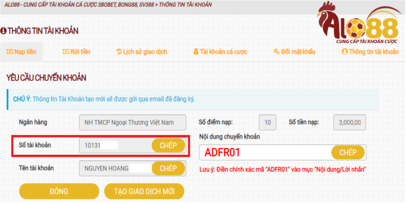 Nhập thông tin tài khoản để người chơi nhận tiền